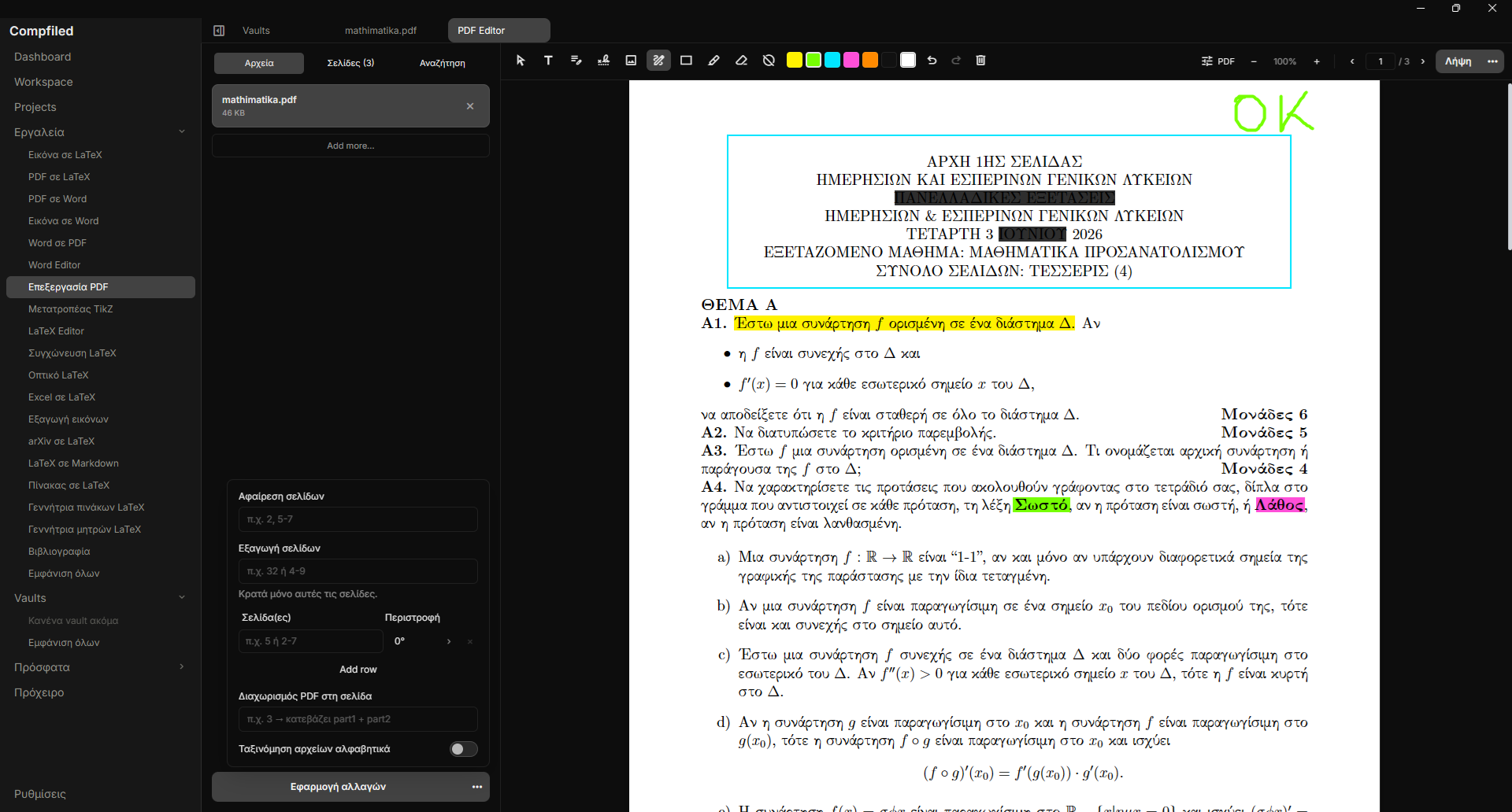 A PDF open in the editor with highlights and notes on the page