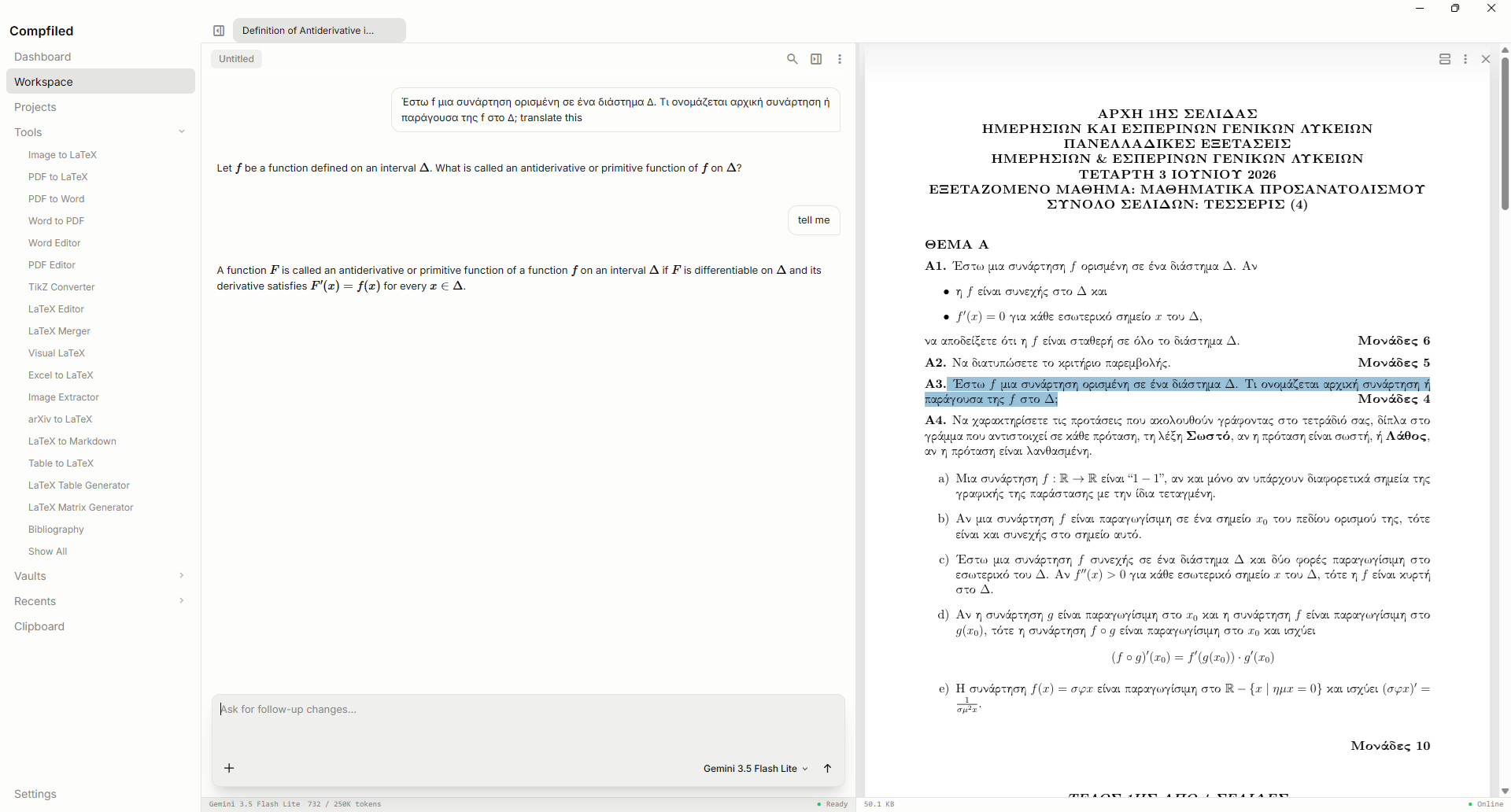 A document open in the Compfiled workspace with a question asked beside it